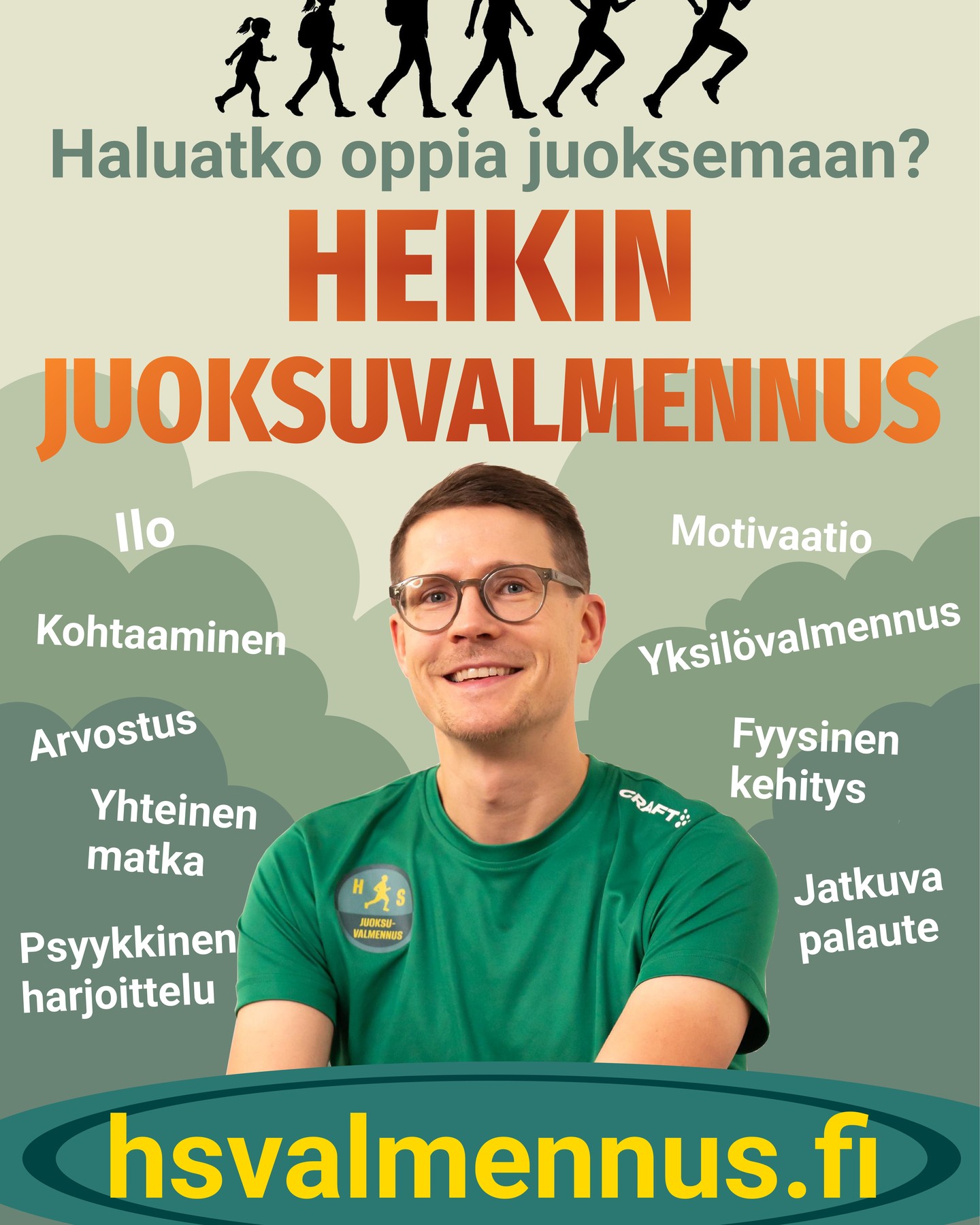 Oletko nähnyt tätä mainosta Jyväskylän keskustan katukuvassa? 😁

Talven selkä taittui nopeasti ja kevät etenee vauhdilla. Sehän tarkoittaa myös sitä, että juoksukauden alku alkaa olla monille ajankohtainen.

Onko sinulla tavoitteita tai haaveita juoksuharrastukseesi liittyen? Oletko haaveillut juoksuharrastuksen aloittamisesta, mutta et tiedä, miten päästä alkuun? Kaipaatko tsemppiä ja henkistä tukea, kuuntelijaa? Juoksetko ehkä ensimmäisen kilpailullisen juoksusi tänä vuonna? Ovatko toistuvat vaivat ja vammat haitanneet juoksuharrastustasi? Tai junnaako kehityksesi syystä tai toisesta paikallaan?

Jos mielessäsi on ollut tämänsuuntaisia ajatuksia, saatan olla oikea henkilö auttamaan sinua eteenpäin ja kehittymään juoksijana. 

Tulevalle kesälle ja siitä eteenpäin pystyn tällä hetkellä ottamaan muutaman uuden valmennettavan.

Biossa olevasta linkistä pääset kätevästi varaamaan minulle ajan maksuttomaan kartoitukseen. Ajan voi varata ja ottaa muutenkin yhteyttä hyvin matalalla kynnyksellä. Kartoituksen varaaminen EI SIDO sinua vielä mihinkään. Voin muutenkin vakuuttaa, että valmentajana olen hyvin ymmärtävä ja joustava. Toisaalta osaan kyllä vaatiakin, kehitys ei synny itsestään!

Ota rohkeasti yhteyttä. Kenties tämä henkilökohtainen juoksuvalmentaja on juuri se oikeaan suuntaan vievä askel, mitä juoksuharrastuksesi tarvitsee!

Juoksuisin terveisin

Heikki